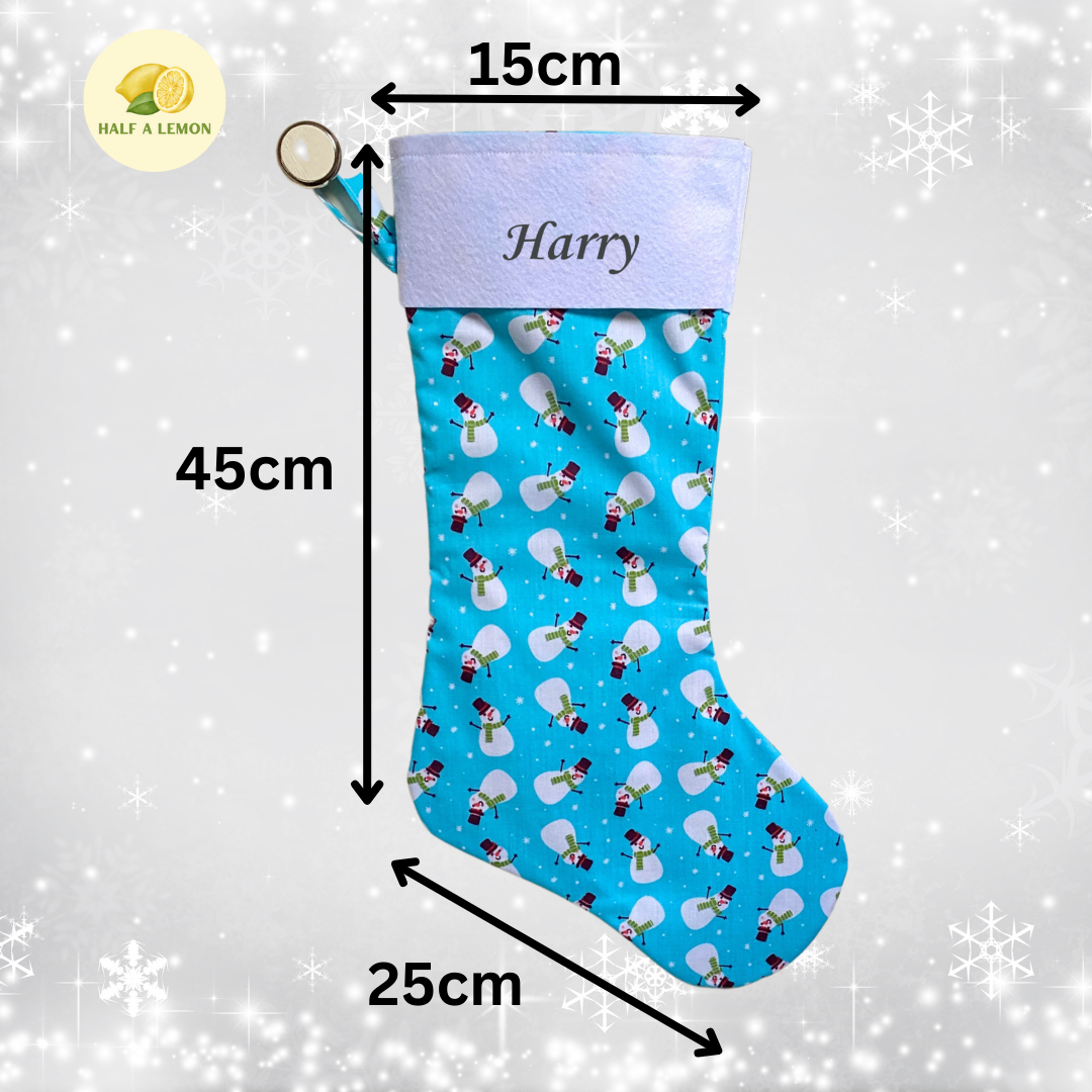 Christmas Stocking, Personalised Christmas Stockings, gift, Snowmen on Blue Stocking, Size 45cm x 15cm Top to Toe, Fully Lined, Decor,