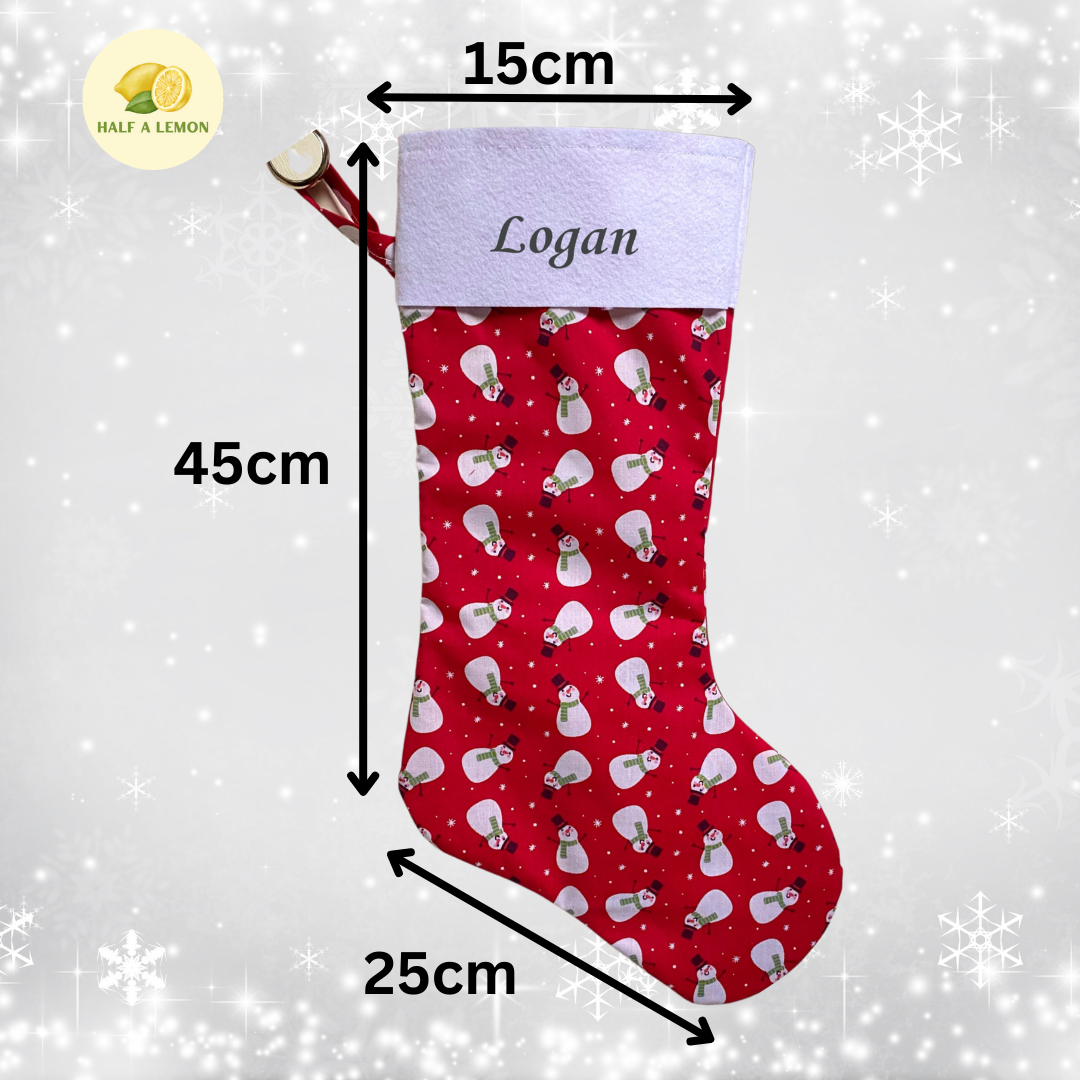 Christmas Stocking, Personalised Christmas Stockings, gift, Snowmen on Red Stocking, Size 45cm x 15cm Top to Toe, Fully Lined, Decor,