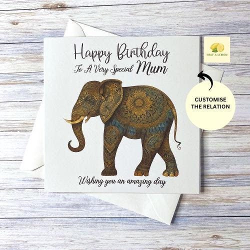 Birthday card for Mum, Mom, Mam, Nan, Nannie, Gran, Wife, Daughter, Daughter-in-law, Sister, Niece, cards for her, Henna Elephant card, gift