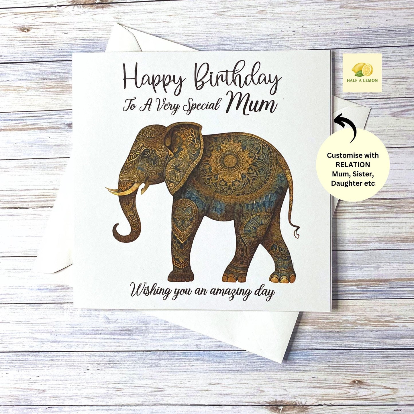 Birthday card for Mum, Mom, Mam, Nan, Nannie, Gran, Wife, Daughter, Daughter-in-law, Sister, Niece, cards for her, Henna Elephant card, gift