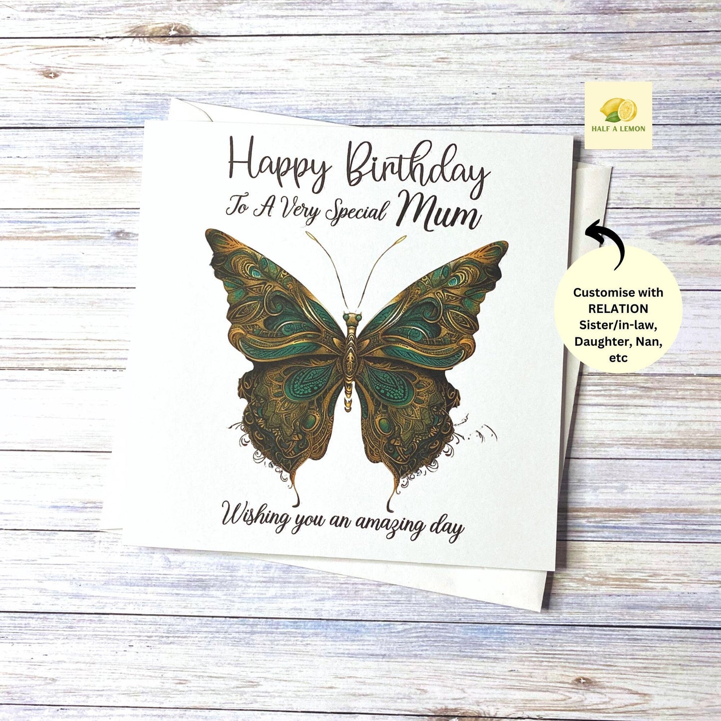 Birthday card for Mum, Mom, Mam, Nan, Nannie, Gran, Wife, Daughter, Daughter-in-law, Sister, Niece, cards for her, emerald butterfly, gift