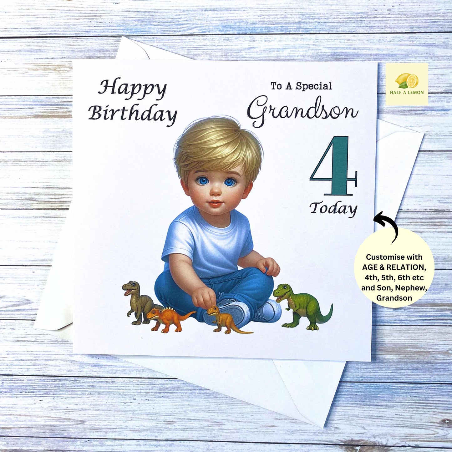 Birthday card, for Grandson, Son, Nephew, Great Grandson, Customise with AGE, Little boy playing with Dinosaurs, Age 3, Age 4, Age 5, gift