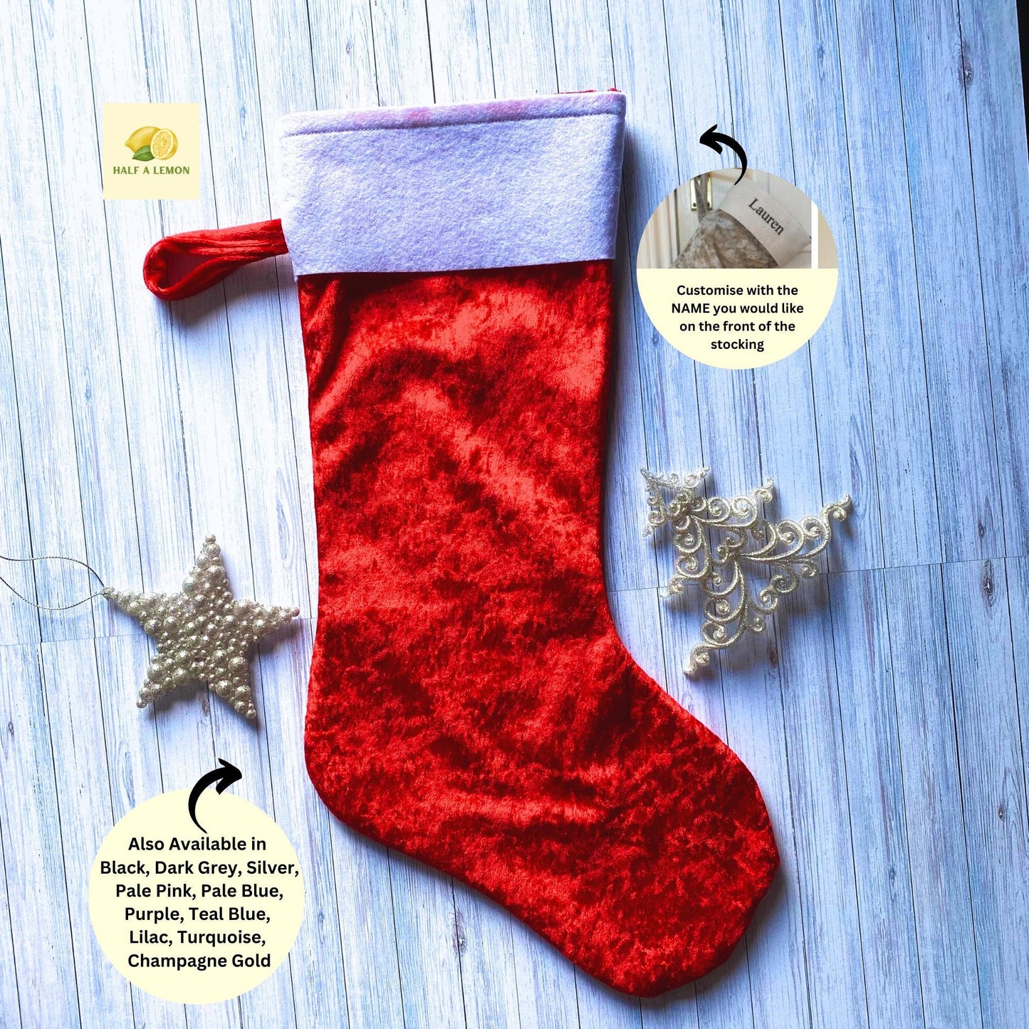 Personalised Christmas Stockings, Red Velvet Stocking, Standard Size 45cm x 25cm x 15cm - Fully Lined