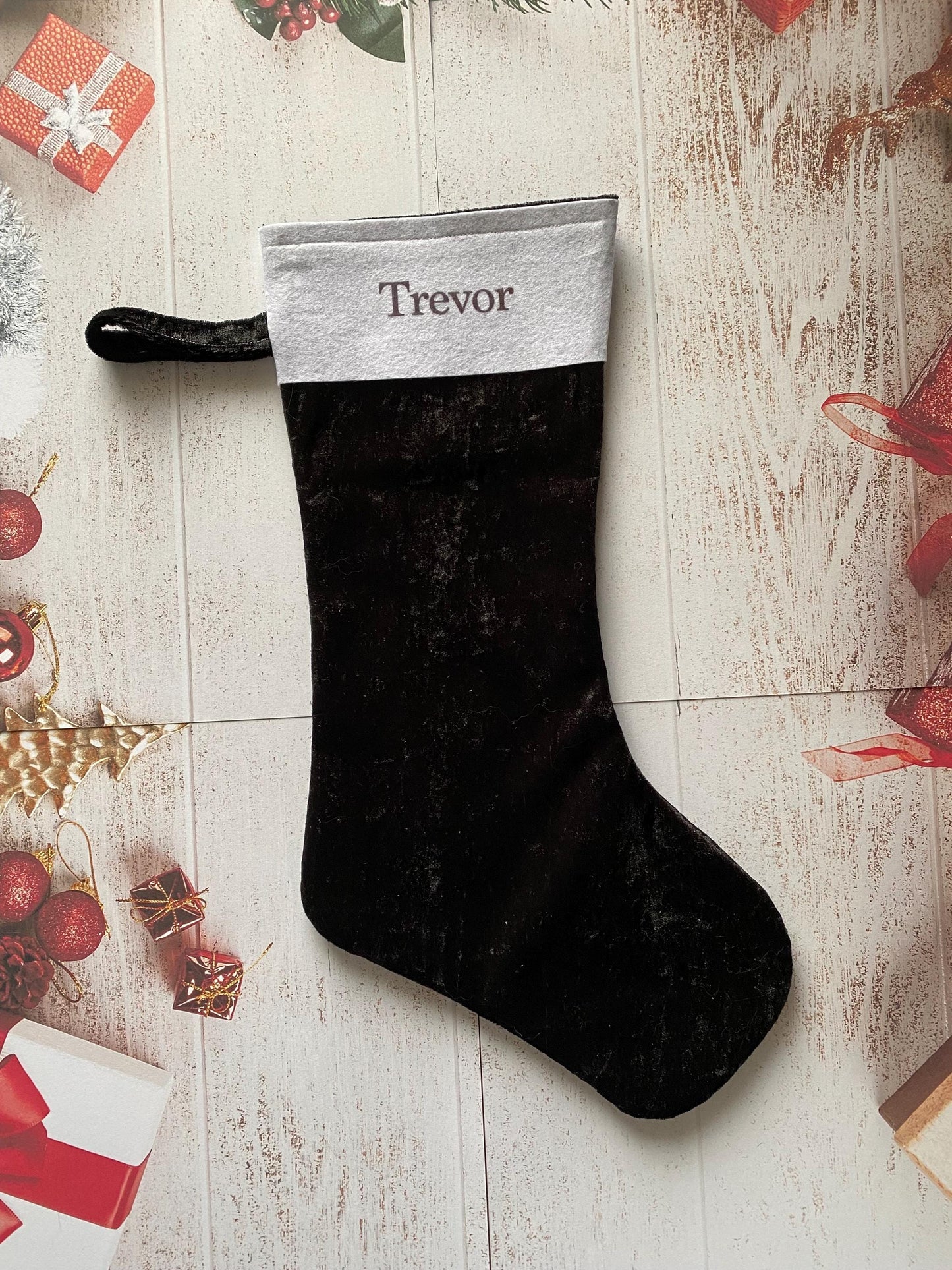 Christmas Stocking, Personalised Christmas Stockings, gift, Black Velvet Stocking, Standard Size 45cm x 15cm Top to Toe, Fully Lined, Decor,