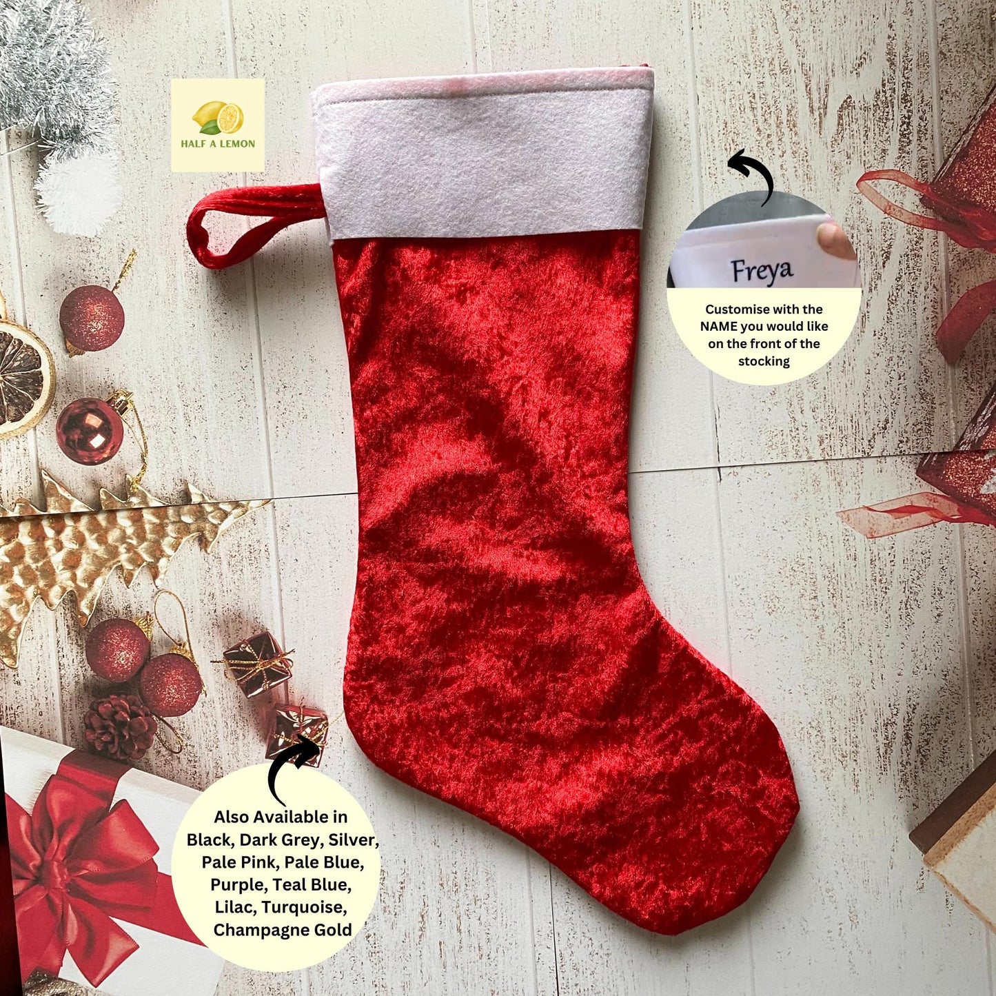 Personalised Christmas Stockings, Red Velvet Stocking, Standard Size 45cm x 25cm x 15cm - Fully Lined
