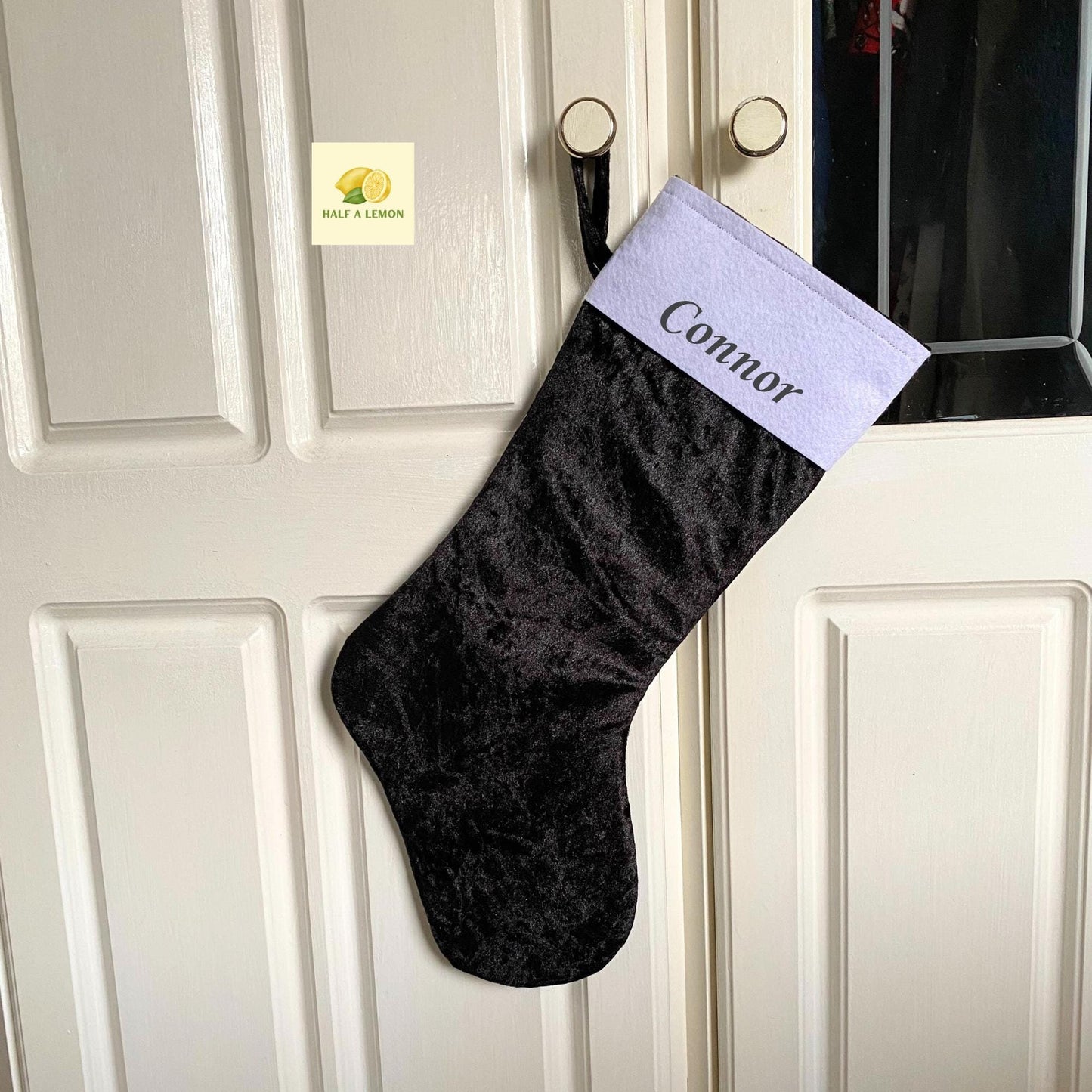 Christmas Stocking, Personalised Christmas Stockings, gift, Black Velvet Stocking, Standard Size 45cm x 15cm Top to Toe, Fully Lined, Decor,