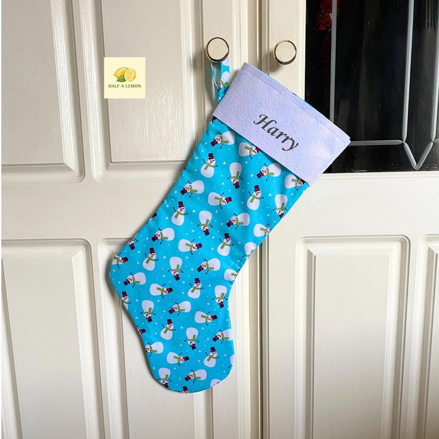 Christmas Stocking, Personalised Christmas Stockings, gift, Snowmen on Blue Stocking, Size 45cm x 15cm Top to Toe, Fully Lined, Decor,