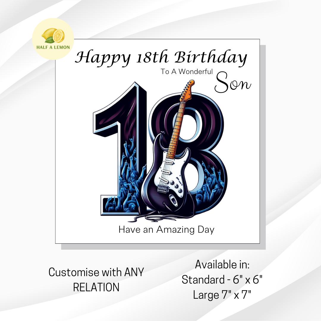 18th Birthday card for Son, also for Great Grandson, Grandson, Great Nephew, Nephew, Brother, Rock Music themed Birthday card, 18th gift,