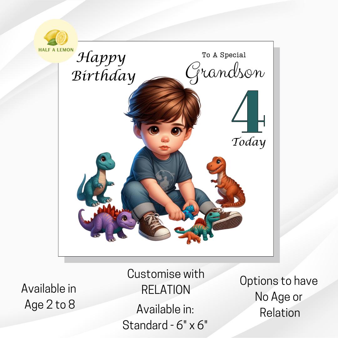 Birthday card, for Grandson, Great Grandson, Son, Nephew, Customise with AGE, Little boy playing with Dinosaurs, Age 3, Age 4, Age 5, gift