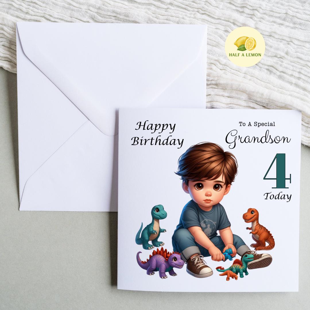 Birthday card, for Grandson, Great Grandson, Son, Nephew, Customise with AGE, Little boy playing with Dinosaurs, Age 3, Age 4, Age 5, gift