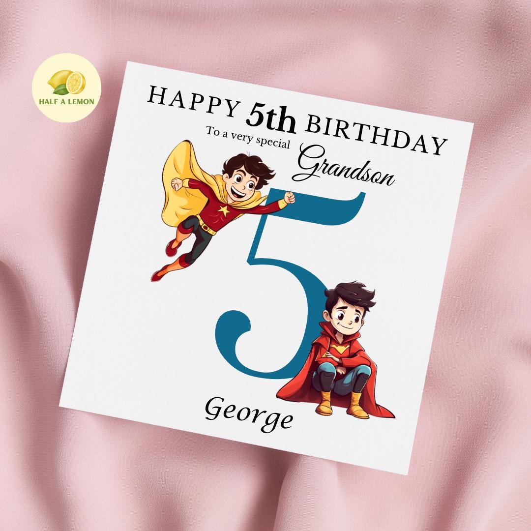Personalised 5th Birthday card for boy, for ANY Relation, Great Grandson, Grandson, Son, Great Nephew, Nephew, Godson, him, gift, Super Hero