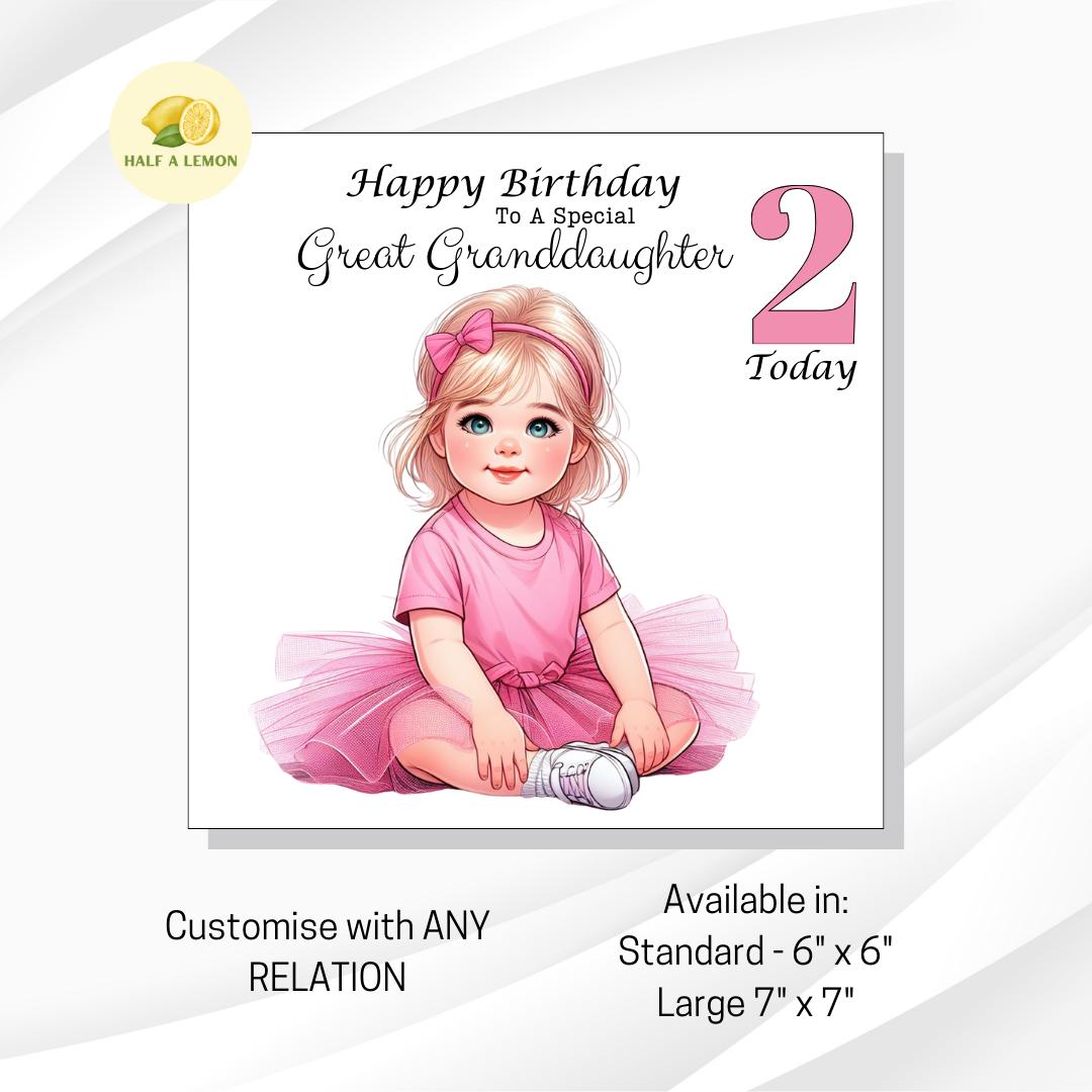 2nd Birthday card, for ANY Relation, Great Granddaughter, Granddaughter, Great Niece, Niece, Daughter, gift for her, little girl, 2 Today,