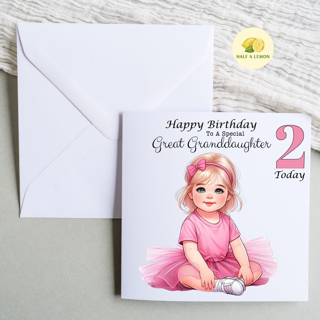 2nd Birthday card, for ANY Relation, Great Granddaughter, Granddaughter, Great Niece, Niece, Daughter, gift for her, little girl, 2 Today,