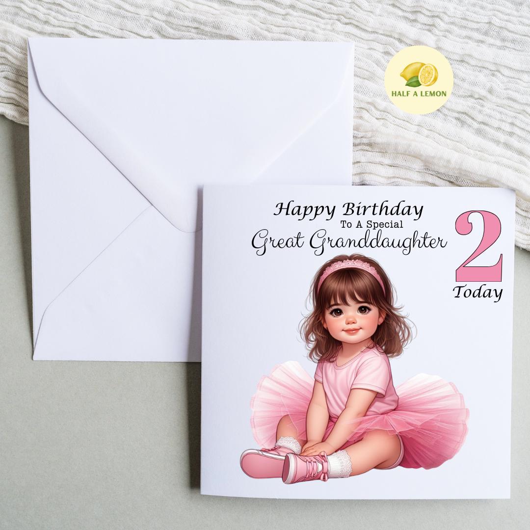 2nd Birthday card, for ANY Relation, Two Today, Great Granddaughter, Great Niece, God Daughter, Daughter, Granddaughter, gift, her, girl,