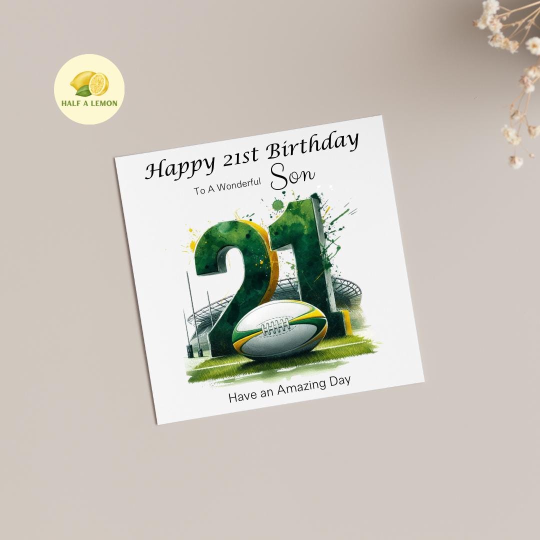 21st Birthday card, ANY Relation, Son, Great Grandson, Grandson, Nephew, Brother, gift, Green and yellow Team Rugby Birthday card, him,