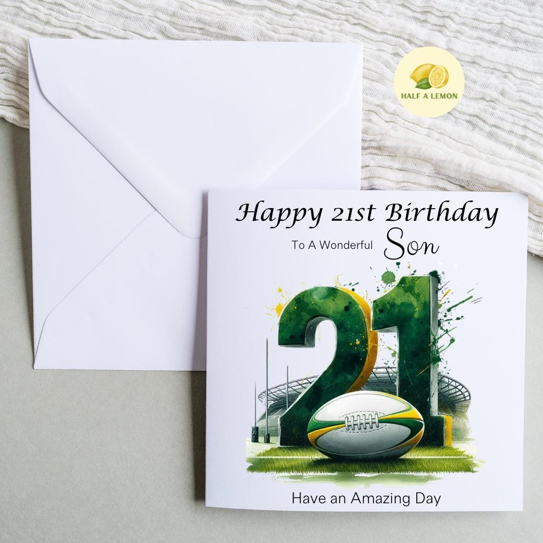 21st Birthday card, ANY Relation, Son, Great Grandson, Grandson, Nephew, Brother, gift, Green and yellow Team Rugby Birthday card, him,