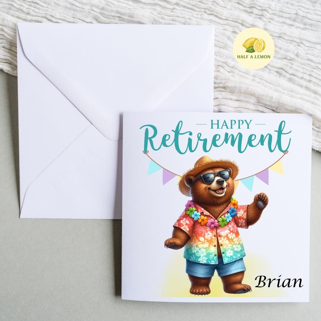 Retirement card, Happy Retirement card, personalise, Holiday Bear, straw hat and sunglasses, gift for retirement, him,