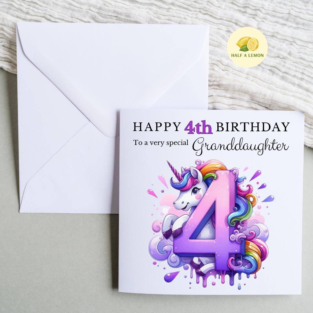 4th Birthday card, Unicorn, ANY Relation, Great Granddaughter, Granddaughter, Daughter, Great Niece, gift, her, little girl, fourth, age 4,