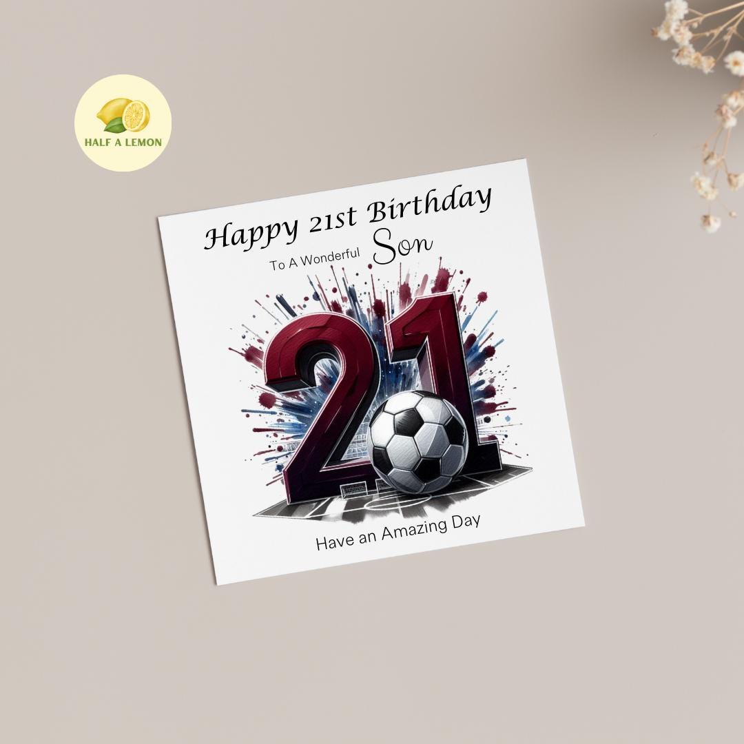 21st Birthday card, ANY Relation, Son, Great Grandson, Grandson, Nephew, Brother, gift, Burgundy and blue Team Football Birthday card, him,