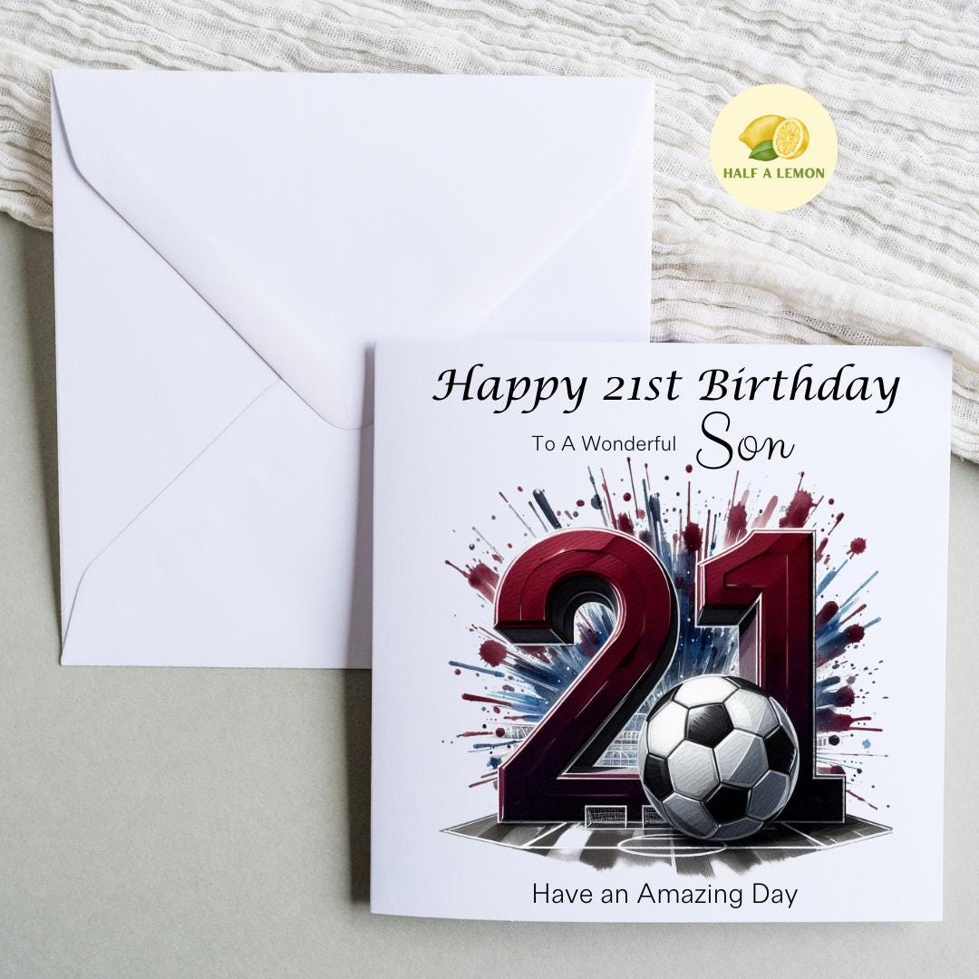 21st Birthday card, ANY Relation, Son, Great Grandson, Grandson, Nephew, Brother, gift, Burgundy and blue Team Football Birthday card, him,