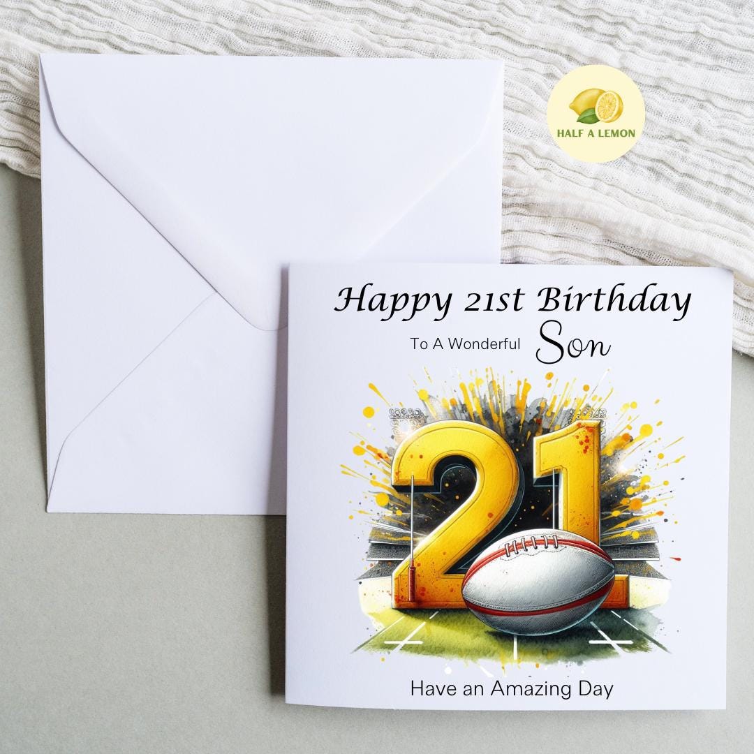 21st Birthday card, ANY Relation, Son, Great Grandson, Grandson, Nephew, Brother, gift, Yellow and Red Team Rugby Birthday card, him,