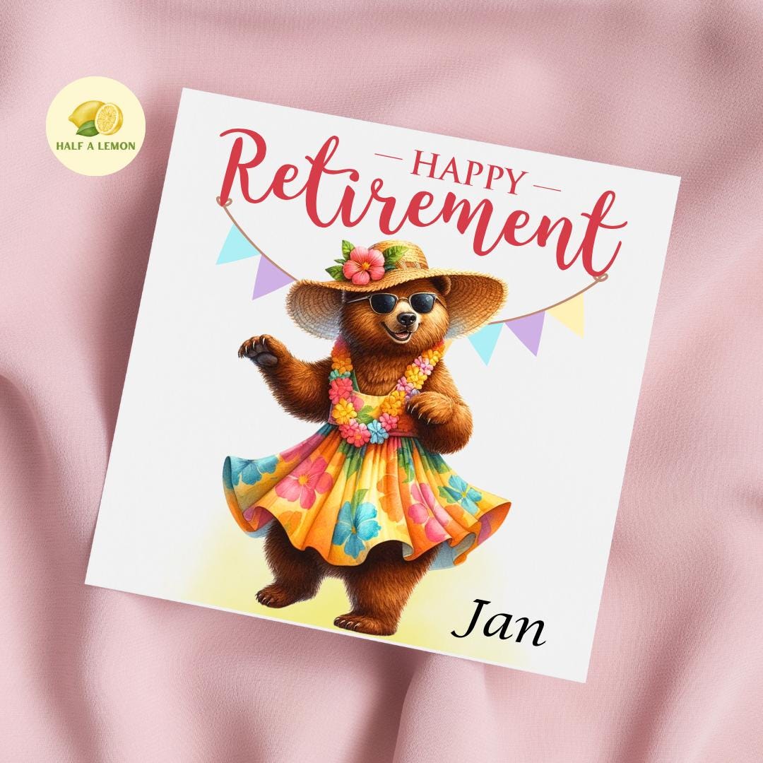 Retirement card, Happy Retirement card, personalise, happy bear dressed in a sundress, straw hat and sunglasses, gift for retirement, her,