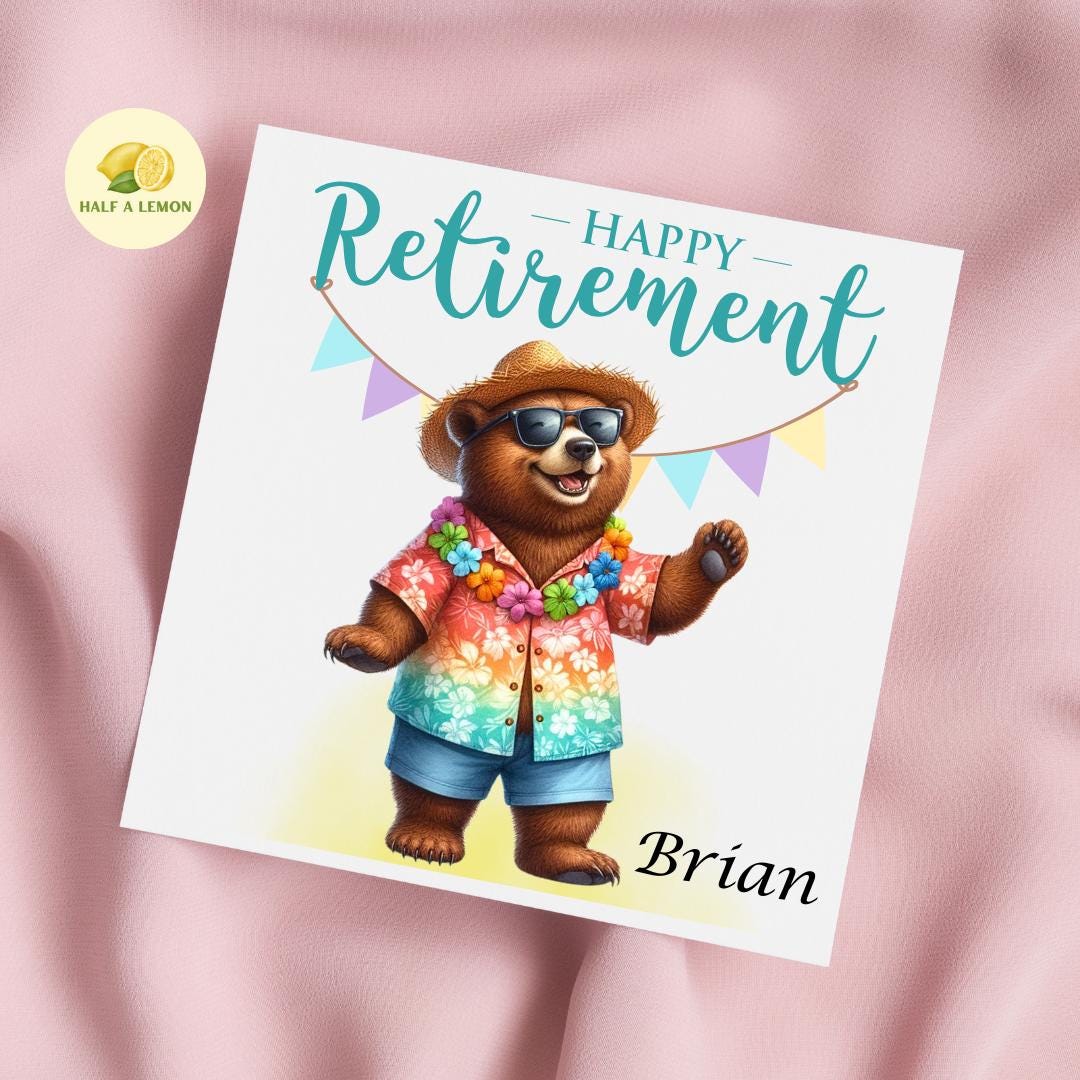 Retirement card, Happy Retirement card, personalise, Holiday Bear, straw hat and sunglasses, gift for retirement, him,