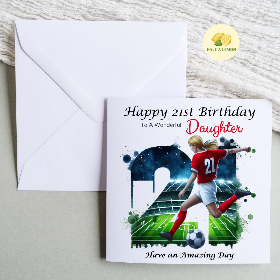 21st Birthday Card, Daughter Birthday Card, Granddaughter Birthday Card, Sister Birthday Card, Niece, Football, Red Team, Blonde hair, gift,