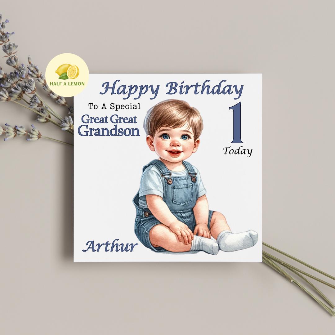 1st Birthday Card, First Birthday Card, 1st Birthday Boy, Great Grandson 1st Birthday Card, Personalised, ANY Relation, 1st Birthday Gift,