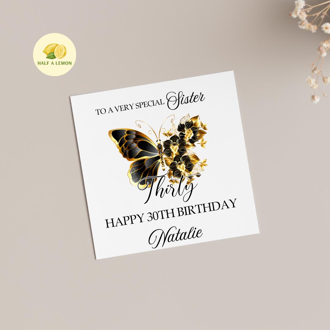 Sister 30th Birthday Card, 30th Birthday Card, 30th Birthday, Personalised, Sister, 30th Birthday Gift, Thirty, Gold Shattered Butterfly,