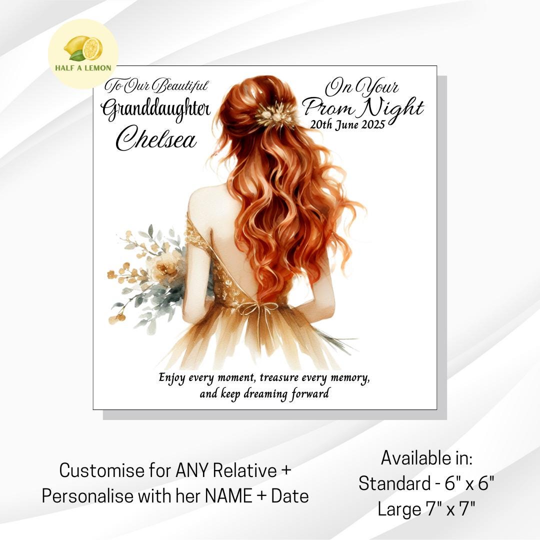 Prom Card for Daughter, Personalised Granddaughter Prom Card, for Niece, Gold Prom Dress, Choose Hair Colour, Prom Gift, Prom Night