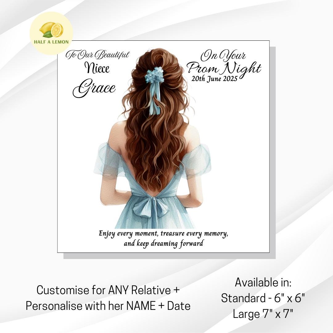 Prom Card for Niece, Personalised Granddaughter Prom Card, for Daughter, Pale Blue Prom Dress, Choose Hair Colour, Prom Gift, Prom Night,