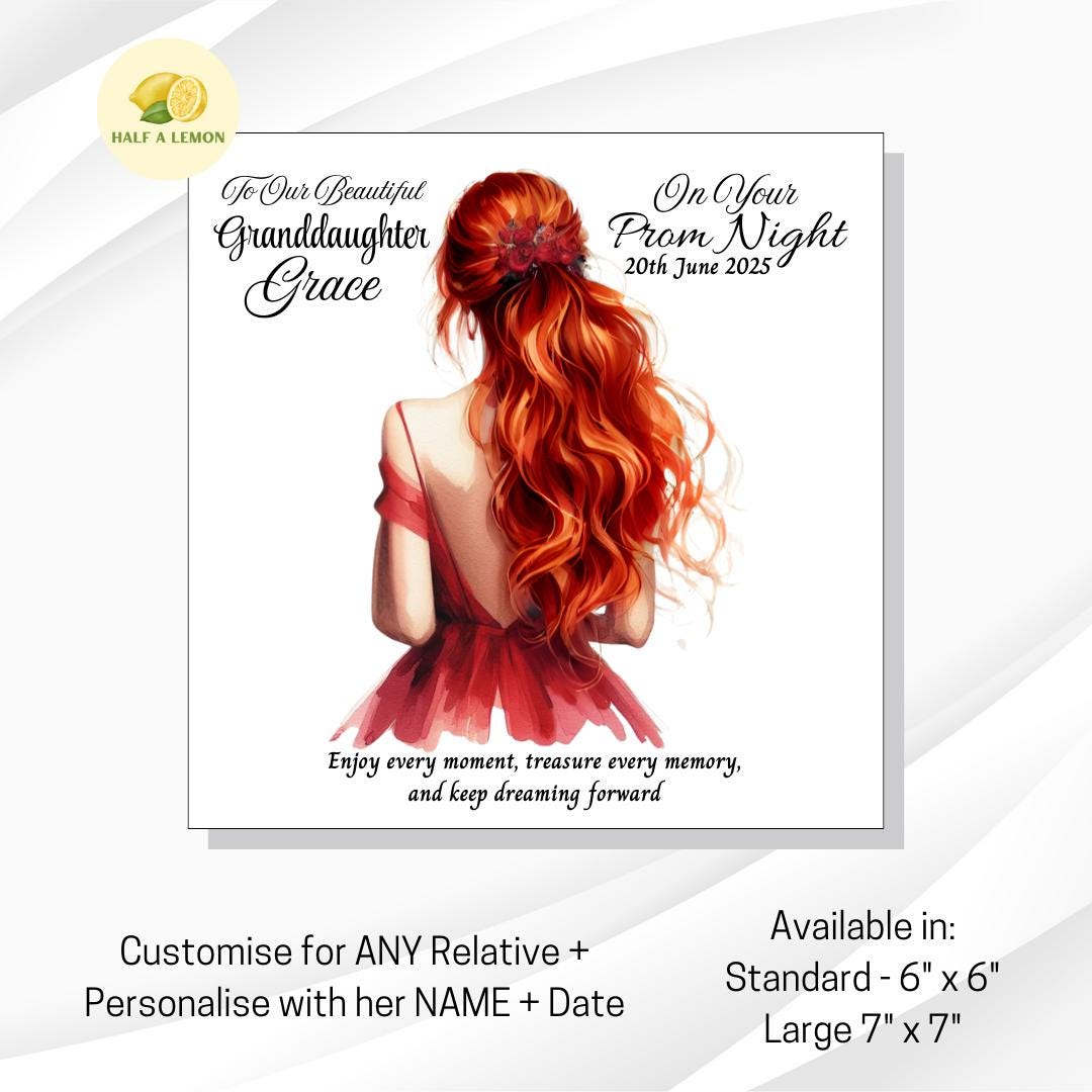 Personalised Granddaughter Prom Card, Prom Card for Daughter, Prom Card for Niece, Red Prom Dress, Choose Hair Colour, Prom Gift, Prom Night