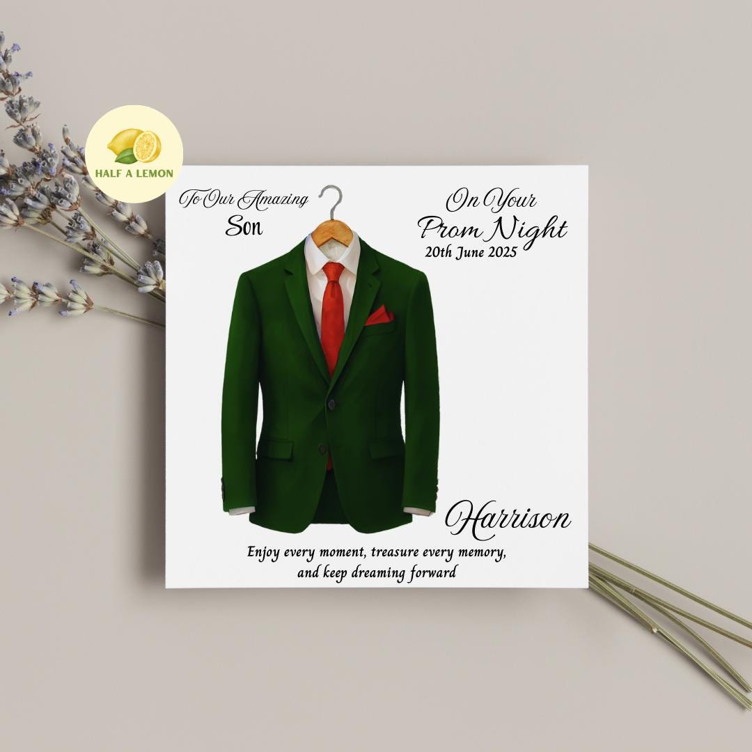 Prom Card for Grandson, Personalised Son Prom Card, Prom Card for Nephew, Emerald Green Suit, Red Tie, for Boyfriend, Prom Gift, Prom Night,