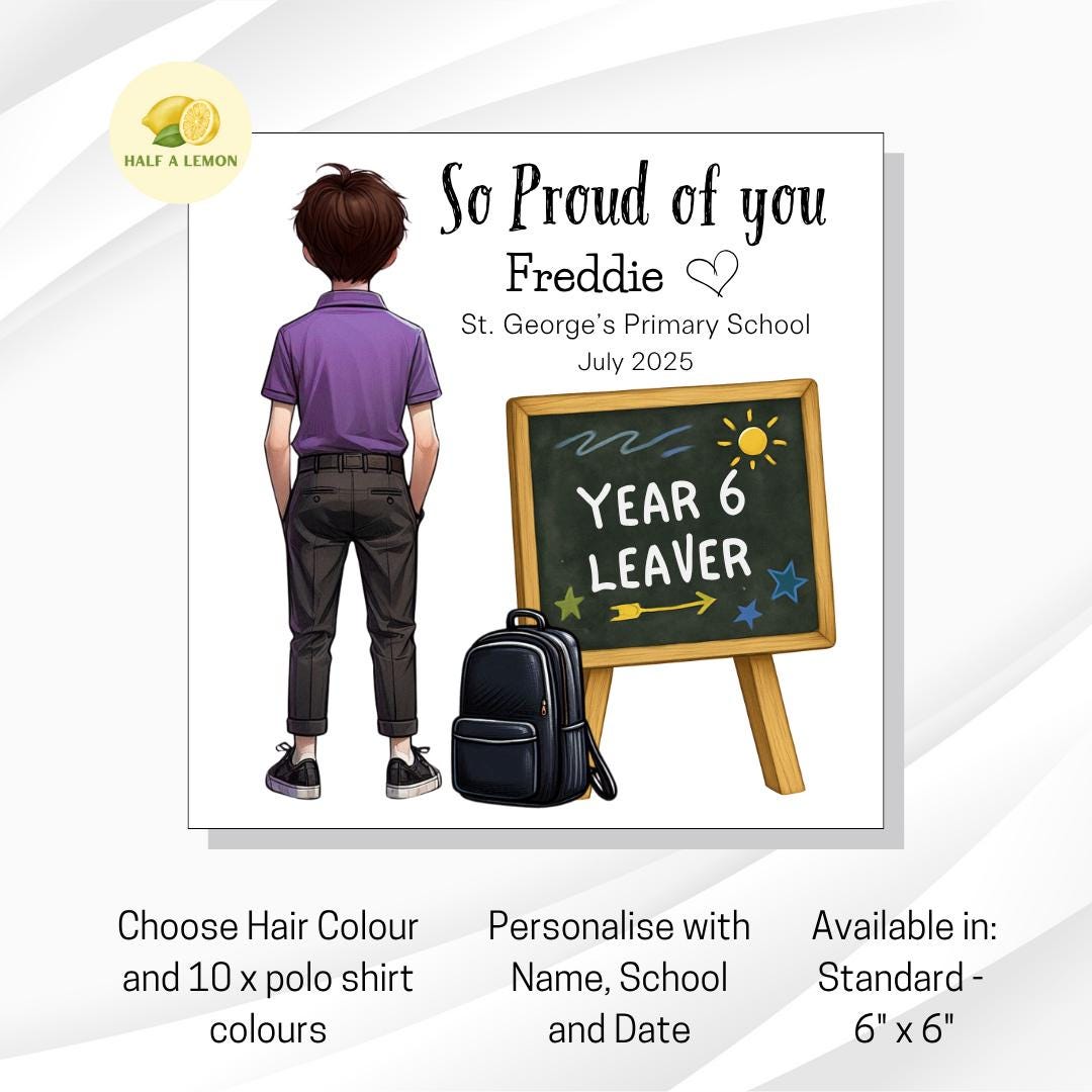 Year 6 Leaver Personalised Card, Purple Top, Brown hair, Add Name, School + date, hair colour/uniform options, End of Term Gift for Boy,