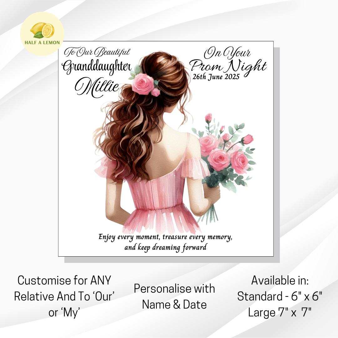 Prom Card for Daughter, Personalised Granddaughter Prom Card, for Niece, Pink Prom Dress, Choose Hair Colour, Prom Gift, Prom Night