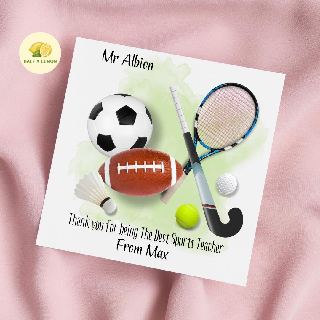 Teacher Thank You Card, Personalised Thank You Sports Teacher Card, Senior School, High School, Secondary School Add Teacher + Pupil Name