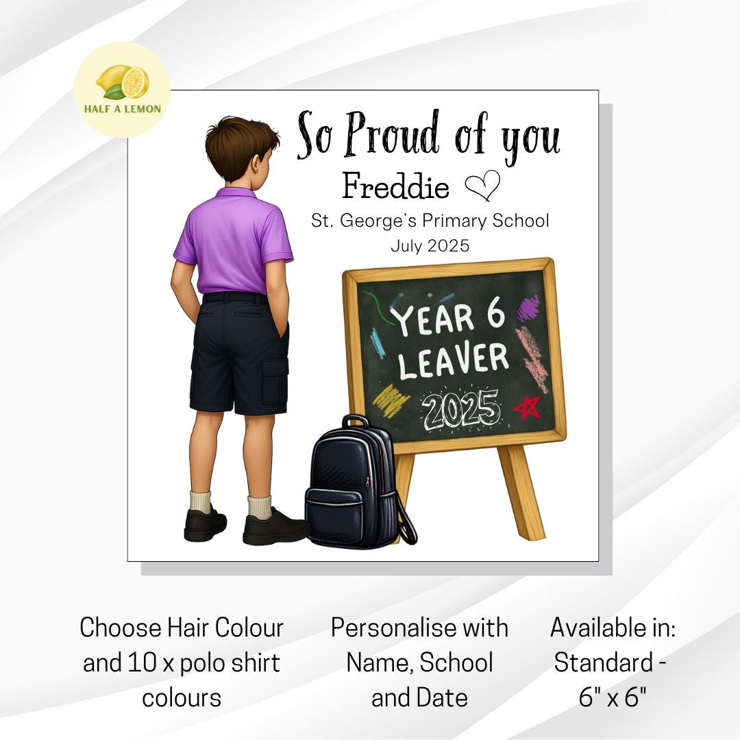 Year 6 Leaver Personalised Card, Choose Hair Colour and Polo Top Colour, Add his Name and School Name, End of Term Gift for Boy, Red Top,
