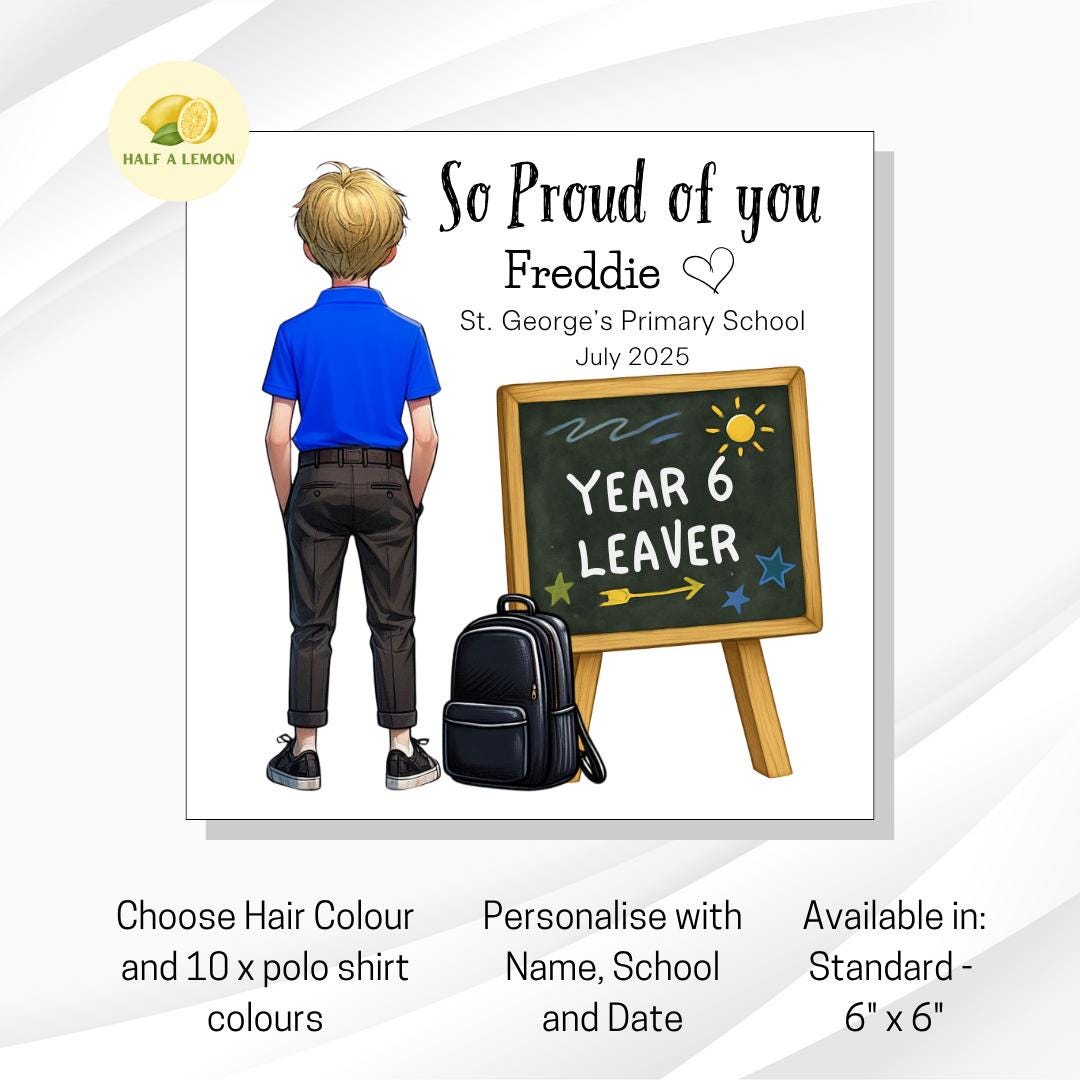 Year 6 Leaver Personalised Card, Royal Blue Top, Blonde hair, Add Name, School + date, hair colour/uniform options, End of Term Gift for Boy