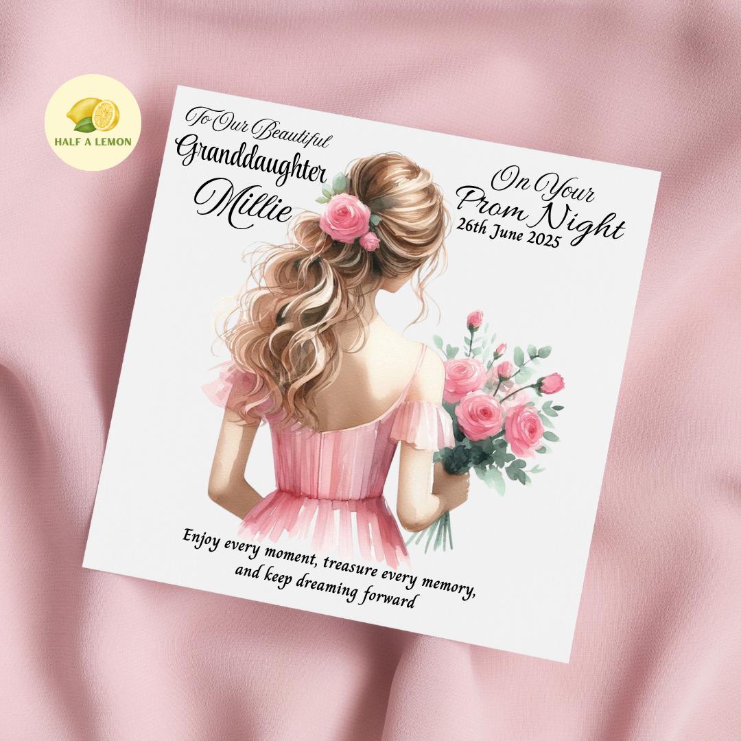 Prom Card for Daughter, Personalised Granddaughter Prom Card, for Niece, Pink Prom Dress, Choose Hair Colour, Prom Gift, Prom Night