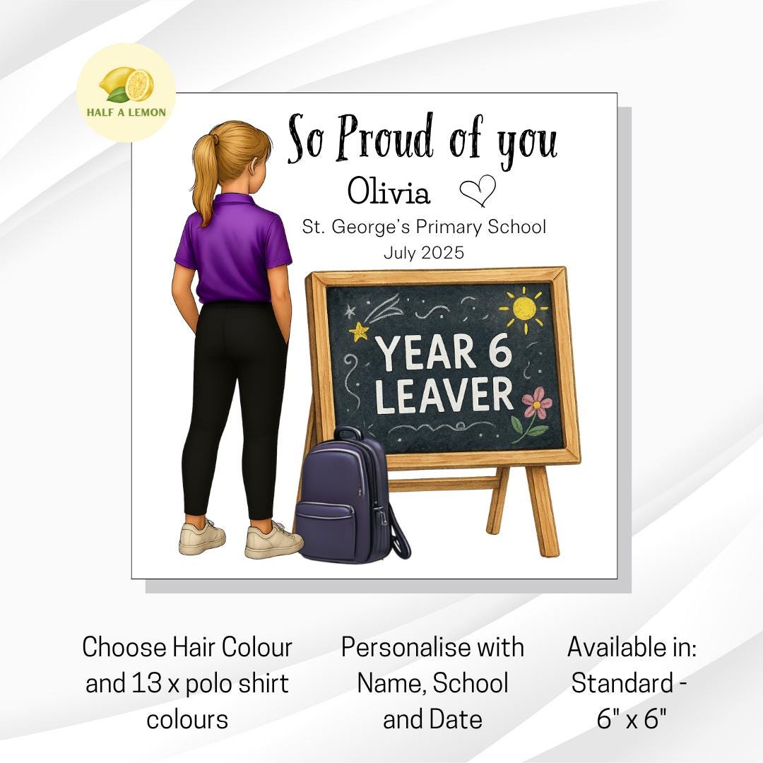 Year 6 Leavers Card, Personalised Year 6 Card, End of Term Gift for Girl, Primary School Leaver, Junior School, Pick Polo Top + Hair Colour,