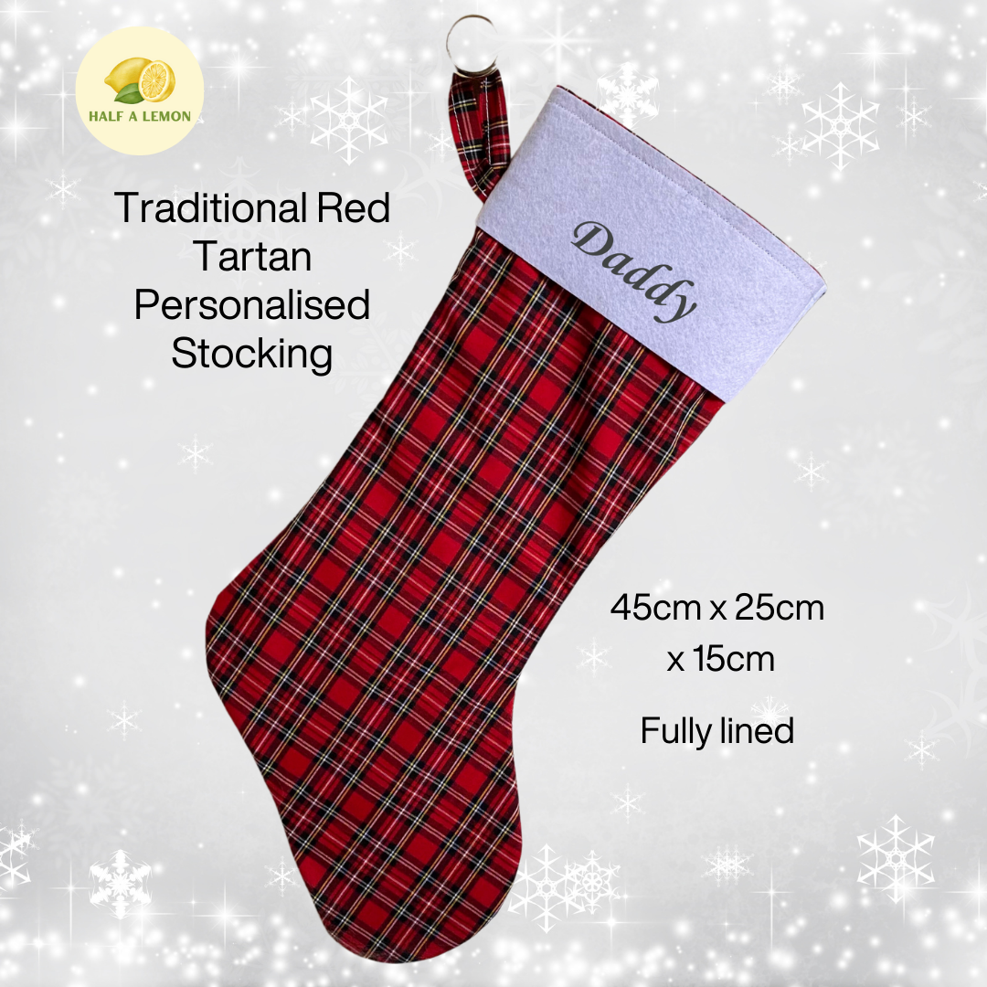 Christmas Stocking, Personalised Christmas Stockings, gift, Red Tartan Stocking, Size 45cm x 15cm Top to Toe, Fully Lined, Decor,