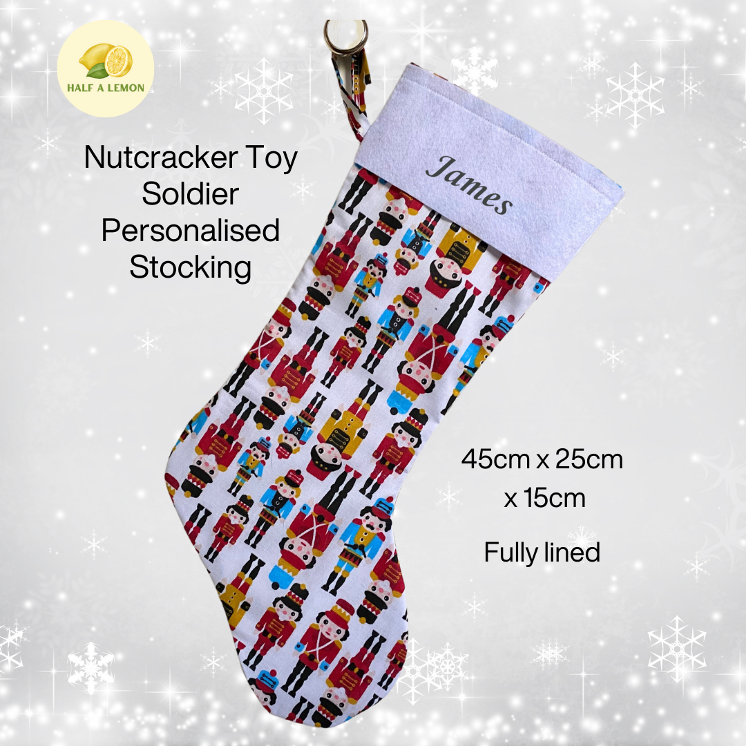 Christmas Stocking, Personalised Christmas Stockings, gift, Nutcracker Stocking, Size 45cm x 15cm Top to Toe, Fully Lined, Decor,