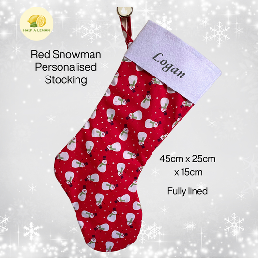 Christmas Stocking, Personalised Christmas Stockings, gift, Snowmen on Red Stocking, Size 45cm x 15cm Top to Toe, Fully Lined, Decor,