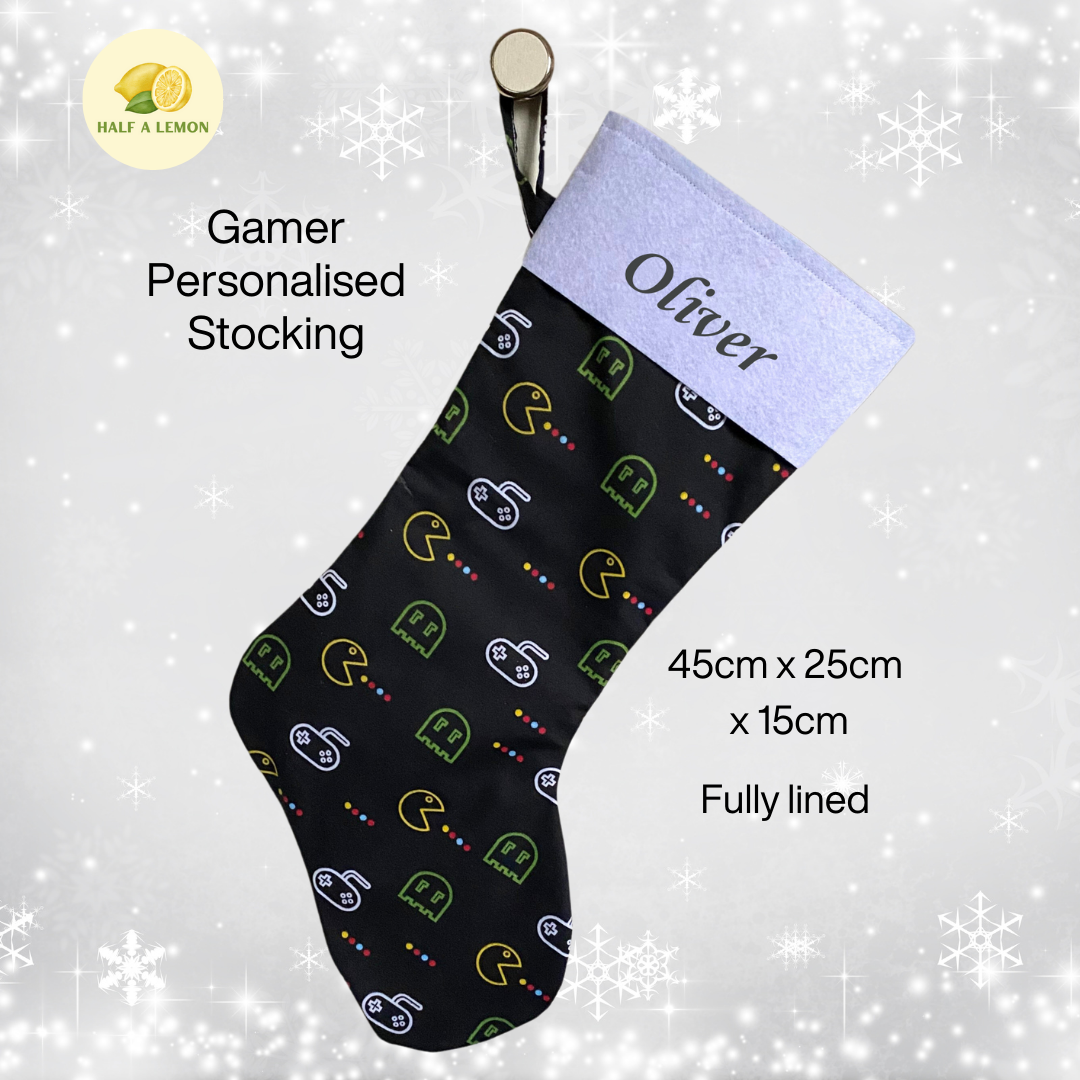 Christmas Stocking, Personalised Christmas Stockings, gift, Gaming Stocking, Size 45cm x 15cm Top to Toe, Fully Lined, Decor,