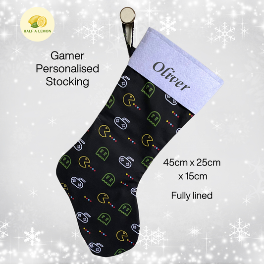 Christmas Stocking, Personalised Christmas Stockings, gift, Gaming Stocking, Size 45cm x 15cm Top to Toe, Fully Lined, Decor,