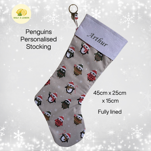 Christmas Stocking, Personalised Christmas Stockings, gift, Penguins Stocking, Size 45cm x 15cm Top to Toe, Fully Lined, Decor,