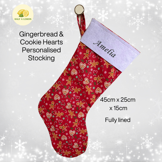 Christmas Stocking, Personalised Christmas Stockings, gift, Gingerbread Stocking, Size 45cm x 15cm Top to Toe, Fully Lined, Decor,
