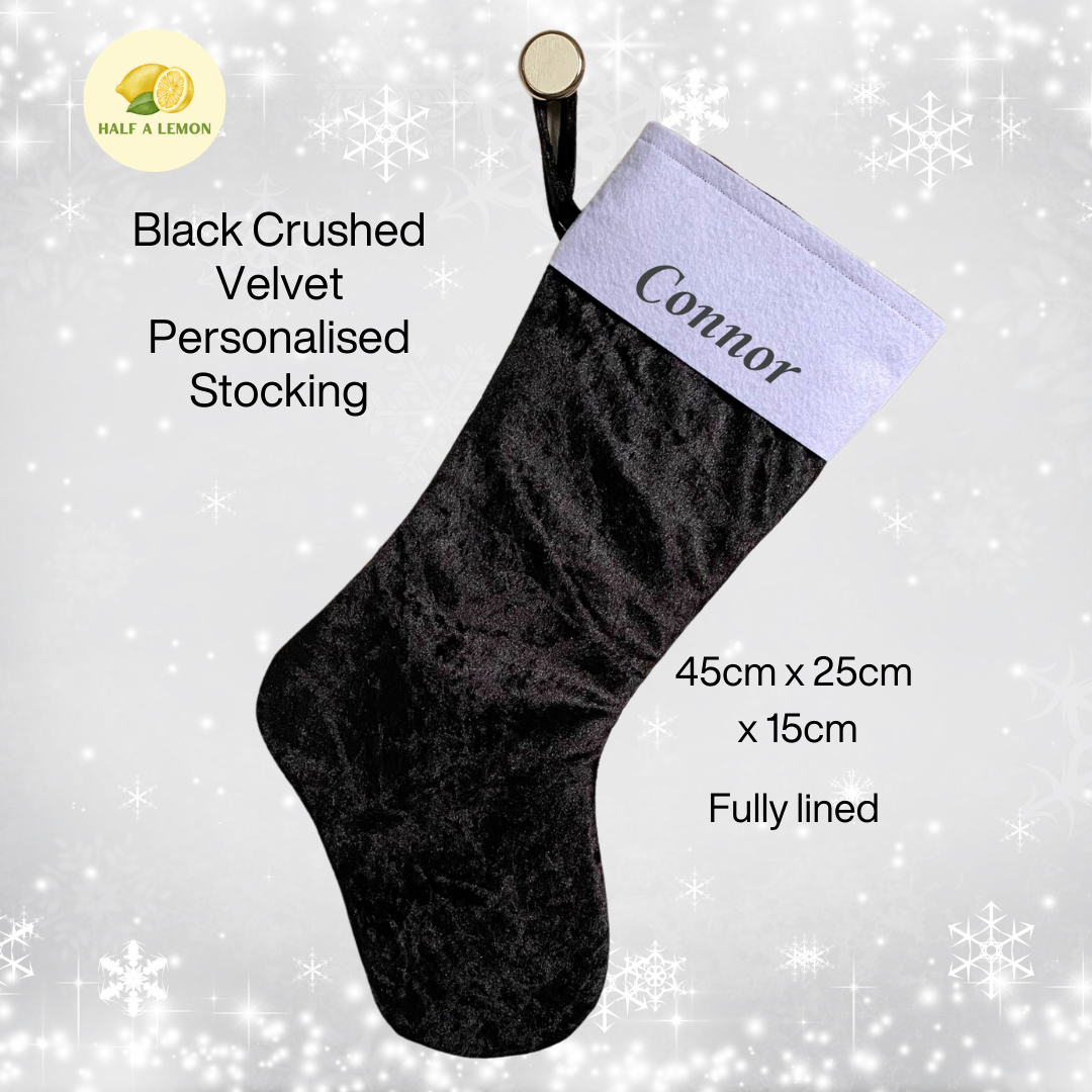 Christmas Stocking, Personalised Christmas Stockings, gift, Black Velvet Stocking, Standard Size 45cm x 15cm Top to Toe, Fully Lined, Decor,