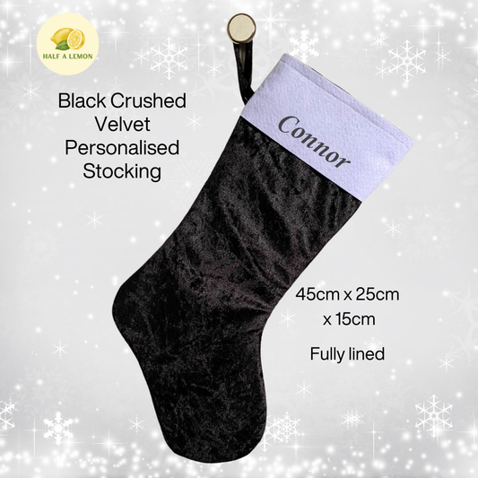 Christmas Stocking, Personalised Christmas Stockings, gift, Black Velvet Stocking, Standard Size 45cm x 15cm Top to Toe, Fully Lined, Decor,